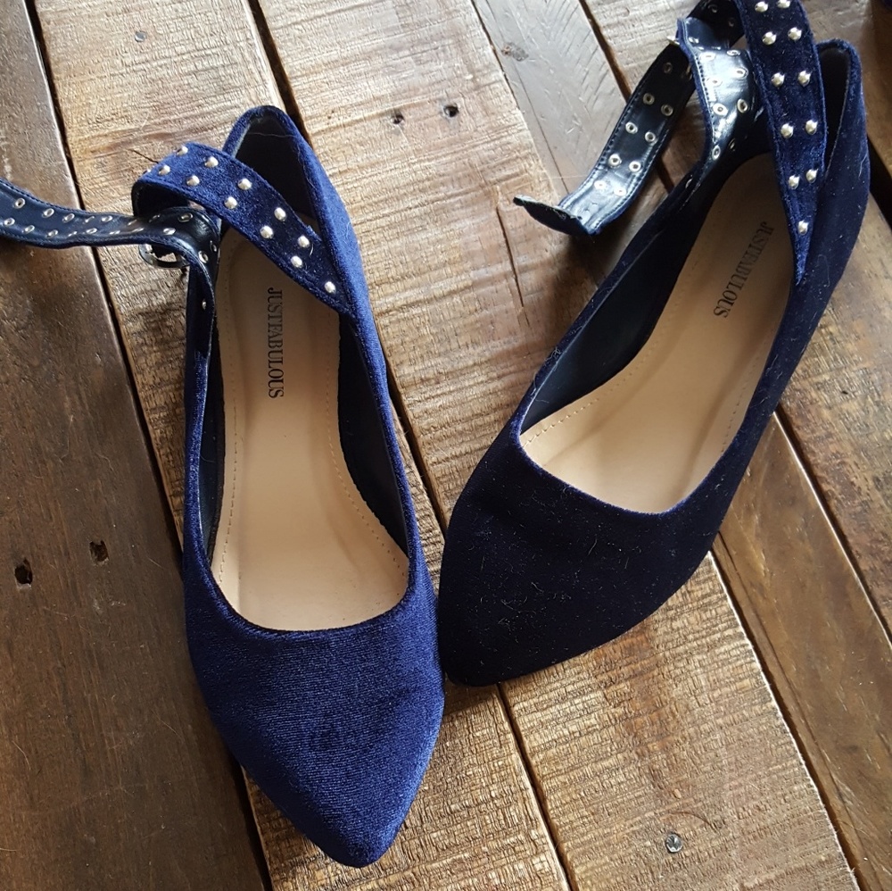 blue velvet studded flats